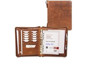 ‎ALMADIH ALMADIH - Leder A5 Organizer mit Ringmechanik Reißverschluss, Kalender 2025 2026 Schreibblock Premium Rindsleder Braun Deluxe Ledermappe Mappe Terminplaner Systemplaner Konferenzmappe (A5-O-BD)