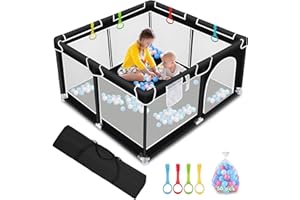 LQIKARL Baby Playpen Toddler Fence with Breathable Mesh and Zipper Door Playard with Anti-Collision Foam 4 Pull Rings and 50 Balls Indoor & Outdoor Kids Activity Center (127x127x66CM)