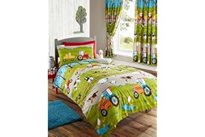 KAMPALA HILL Homespace Direct On The Farm Duvet Cover Set Kids Duvet Cover Set Farmyard Animals Easy Care Bedding Childrens Tractor Bed Linen with Pillowcases - Single