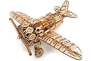 EWA Eco-Wood-Art Puzzle 3D, drewniany samolot, zabawka z mechanizmem nakręcania, śmigło i skrzydła – DIY zestaw modelarski 3D dla dorosłych i młodzieży od 14 lat