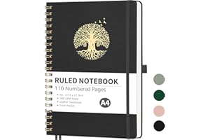 RETTACY Lined A4 Notebook Spiral-College Ruled Notebook,Large Hardcover Leather Journals 110 Numbered Pages, Notepad for School,100gsm,Sticky Notes,21.5 x 27.9cm - Black