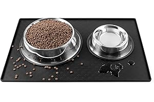 Coomazy Podkładka pod miskę dla psów i kotów, podwyższona krawędź, pogrubiona mata na karmę dla psów z odciskiem łapy psa, wodoszczelna, antypoślizgowa, silikonowa miska na karmę, dł. 60 x 40 cm