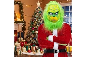 Vleuexe Disfraz de Grinch con piel peluda verde Máscara de Navidad para Adultos,Grinch Mask Disfraz de Papá Noel Verde,Accesorios de Disfraces de Navidad,Adecuado para Personajes Navideños y cosplay