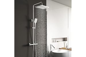 Shower Mixer Set,Adjustable Height Shower System with 26X19cm Rainfall Shower Head, Thermostatic Shower Mixer Bar Set for Bathroom, Chrome YOOZENA