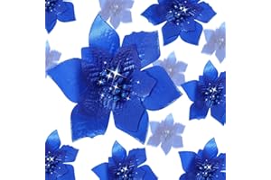 Cindeer 24 Flores de Navidad Artificiales con Purpurina 3 Tamaños Flores de Pascua con Clips para Árbol Navideño Año Nuevo Hogar Boda Fiesta Guirnalda Decoración, 10 cm, 15 cm y 22 cm (Azul Real)