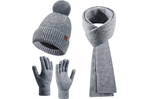 ViEinkaufen Hat And Scarf And Gloves Set Ladies, Winter Satin Lined Beanie Bobble Hat Touch Screen Thermal Gloves Long Scarf 3 In 1 Cold Weather Set For Women Gift