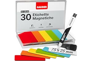 GAUDER Etichette Magnetiche Riscrivibili - Magneti Riutilizzabili da Etichettare per Lavagna, Lavagna Kanban, Frigorifero e Bacheca - Cartellini Magnetici con Pennarello (30 Pezzi - 75 x 25 mm)