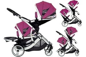 KIDS KARGO Duellette 21 BS Double Twin Pushchair with 2 footmuffs and Free Changing Bag. Complete with 2 seat Units, 2 rain Covers. Silver Chassis Magenta Pink by Kidz Kargo