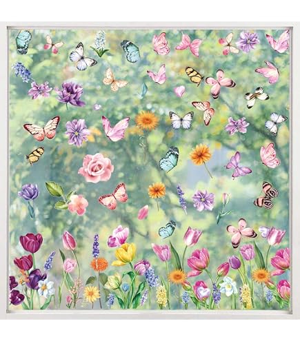 decalmile Autocollants Fenêtre Fleurs en Pot Été Anti-Collision Stickers Plante Pendaison Fleurs Papillon Stickers Vitre Anti-Adhésifs Fenêtre Porte Cuisine Décalques