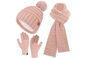 Bequemer Laden Mujeres Invierno Gorro Bufanda Larga Guantes Tactiles Conjunto, Gorra Termicos Pompon con Forro Polar Regalo Mujer para Clima Frío