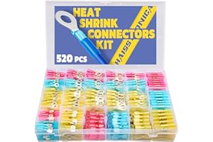 haisstronica 520PCS connettori termorestringenti di grado marino - Kit connettori elettrici in rame rosso stagnato, calibro 16-14 22-16 12-10, forcella ad anello isolata, giunto a forcella