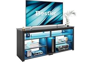 Bestier 140CM LED TV Cabinet 55-65 Inch LED TV Stand with Storage for PS4/Xbox, Adjustable Shelves Entertainment Centre, Tall Modern Media Console for Living Room (Black Carbon Fiber)