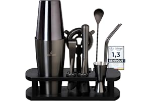 BARMINGO Edelstahl Cocktail Set 11tlg – 825ml Boston Cocktail Shaker Set mit Ständer und Bar Zubehör, Cocktailshaker Set | Barkeeper Set | Cocktail Mix Set | Barset | Boston Shaker Set | Schwarz