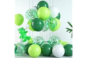 JOBKOO Green and White Balloons, Dark Green White Lime Green Party Balloons with Green Confetti Latex Helium Balloons White Light Green Balloon Set for Birthday Baby Shower Jungle Safari Party Decorations