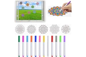 COLEESON Stained Glass Mandala Window Clings and Markers, 5PCS Doodleable Suncatchers Stickers and 12PCS Pens, Arts and Crafts DIY Kit for Adults, Teens, Women