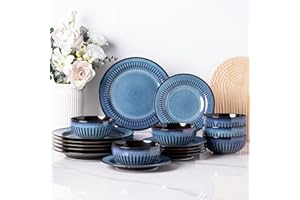 LeRatio Dinner Sets for 6 People, 18 Pieces Handcrafted Embossed Stoneware Plates and Bowls Set, Scratch Resistant Reactive Glaze Dinnerware Set, Dishwasher, Microwave Safe Crockery Set, Space Blue