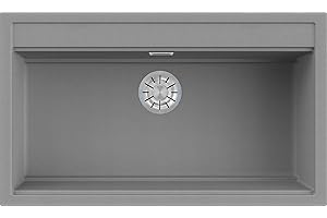 EVHOC Lavello Sopratop DESIDERATA L, 1 Vasca, Lavandino in Kuarzite Vasca Unica per Cucina, Fascia Miscelatore Preforata, Made in Italy, Grigio Cemento, 86x51 cm