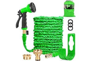 HOMOZE Hose Pipe Expandable Garden Hose Pipe 100FT Expanding Flexible Hosepipe with Brass Fittings/Quick Connector/8 Function Spray Gun/Garden Hose Storage Bag (100FT, Green