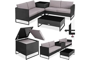 TecTake® Salottino in Rattan Ostuni, Set da Giardino con 2 Sofà e 1 Tavolo con Lastra in Vetro, Box Contenitore, Cuscini Spessi, Telaio in Acciaio, Intreccio in Polyrattan - Nero