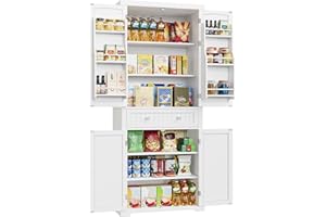 VASAGLE Credenza Cucina, 40 x 76 x 182,1 cm, Mobile Dispensa Cucina con Scomparto, Mobiletto Cucina con Cassetto, Ripiani Regolabili, 6 Ripiani su Ante, Soggiorno, Bianco BBC561W21