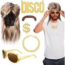 Vokuhila Perücken Set Herren – Blond, Inkl. Sonnenbrille, Goldkette & Bart, 80er/90er Jahre Kostüm
