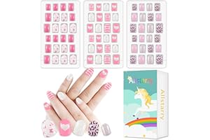 Allstarry Children Nails Press on Pre-glue Full Cover Glitter Heart Solid Color Short False Nail Kits Lovely Gift for Children Little Girls Nail Art Decoration - Pink Series