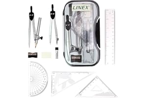 Linex Maths Geometry Set with Transparent Case – Black 10-Piece Exam Kit Featuring Compass, Protractor, Ruler, Set Squares & Eraser