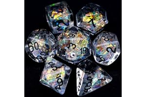 Haxtec Clear DND Dice Set 7PCS Filled Resin Polyhedral D&D Dice W/Iridescent Rainbow Mylar Inclusion for Roleplaying Games Dungeons and Dragons Gift