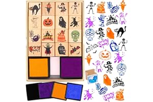 HOWAF 16pcs Halloween Tampons pour Enfants Artisanat avec Encreur 4cs, Bois Tampons pour Enfants Halloween Bricolage Scrapbooking Carte Impression, Enfants Halloween Artisanat Cadeau