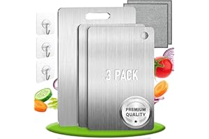 THREE STARS SET de 3 Tabla de Cortar con Aleación de Titanio para Cocina de Acero Inoxidable SUS316 y SUS 304 + Ganchos y Paños - Tabla de Cortar de Titanio Resistente + Reversible y Antibacteriana | 3-Stars
