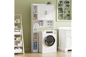 BonVache Waschmaschinenschrank mit 2 Türen, Verstellbare Ablagen, Waschmaschinenregal mit Seitenfach für Papierhandtuch und 6 offene Fächer, für Badezimmer, Toilette und Waschküche, Weiß