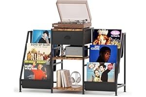 CAIYUN Vinyl Record Player Stand Storage with 3-Tier and Fabric Drawer, Turntable Table Holds Up to 280 Albums, Cabinet CD Rack for Living Room, Retro Side Table, Holder Display Shelf Rustic Brown