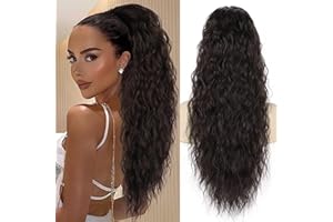 PORSMEER Postiche Cheveux Naturel Ponytail Cordon de Serrage Brun foncé Longue Bouclée Ondulée Queue de Cheval Afro Extension Synthétique Rajout Cheveux pour Femmes 75cm