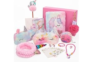 BTHRORO Unicorno Regalo per Ragazza, Unicorno Peluche Diario Matite Adesivi Astuccio Peluche Maschera Fascia Set di Gioielli Unicorni per Bambini Giocattolo Regalo di Compleanno