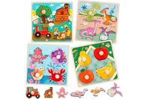 GSRENYU 4 Set Wooden Puzzles for Kids 3-6 Year Olds, Chunky Child Puzzles Jigsaw Toys Farm Animals Friut Peg Puzzle, Wooden Toys Kid Fine Motor Skill Learning Educational Toys Gifts for Child, Kid