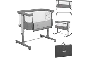 lionelo Aurora 3 en 1 Lit bébé jusqu'à 9 kg Cododo, Berceau Réglage de la Hauteur et de l’Inclinaison du Matelas 4 roulettes avec Freins Matelas Ergonomique Sac (Grey)