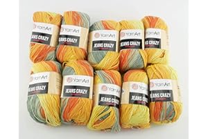 Ilkadim 10 x 50g Strickwolle YarnArt Jeans Crazy mit 55% Baumwolle, 500 Gramm Wolle mit Farbverlauf mehrfarbig (terrakotta gelb grau 8210)