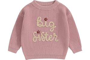 BUFARROMIO Little Baby Girls Casual Sweater Big Sister Letter Flower Embroidery Long Sleeve Knitwear Round Neck Fall Winter Pullover Top