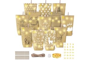 GRANDFUN Papiertüten Adventskalender Selber Befüllen Adventskalender Tüten: Lichterkette + Adventskalender zum Befüllen, DIY Adventskalender Adventstüten Weihnachtstüten Geschenktüten Weihnachten