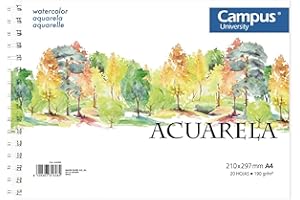 Campus University - Bloc de Dibujo A4 Papel de Acuarela con Espiral 20 Hojas 190 gramos en Blanco para Acuarela, Aguada, Témperas