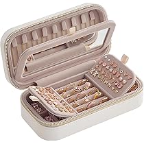 SONGMICS HOME ANAH Collectie - 2-laagse sieradendoos met spiegel, sieradenorganisator, uitneembare lade, PU-oppervlak met stiksels, zwevend effect, 21,5 x 24 x 13,5 cm, cadeau-idee, Cloud White