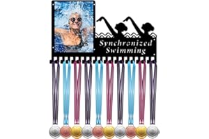 CREATCABIN Appendiabiti per Medaglie di Nuoto Sincronizzato, Porta Medaglie per Il Nuoto, con Cornice per Foto, Supporto Da Parete per Premi per Atleti, per Sport In Metallo, con 20 gancio per 42x25cm