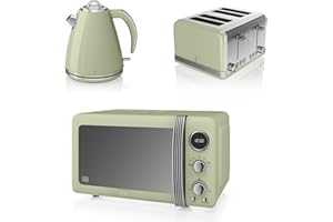 SHIMOMURA Swan Kitchen Green Appliance Retro Stylish Set - Digital 20 Litre Microwave, 1.5 Litre Jug Kettle & 4 Slice Toaster