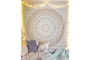 RAJRANG Tapisserie murale a suspendre en forme de mandala dore, style boheme ombre, hippie, chambre a coucher et salon, decoration boheme, tapisserie en coton double 213,4 x 137,2 cm