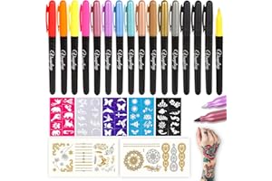 VANPLAY Tatouage Temporaire Stylo Tatouage Cadeau ado Fille avec 15 Stylos Tatouage 5 Pochoir Tatouage ​et 2 Autocollants Kit Tatouage de Cadeau pour Filles Garçons Adultes