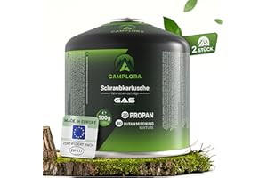 Camplora 2 cartuchos de gas de 500 g con válvula de rosca, gas propano y butano, cartucho de rosca con rosca para hornillo de camping y barbacoa EN417, cartucho atornillable con rosca de tornillo