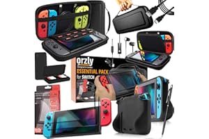 Orzly Switch Accessories Bundle Essentials Pack for Nintendo Switch OLED Case & Screen Protector , Grip Case, Games Holder, Headphones - Classic Black Edition
