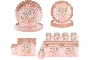 POPOYU 69Pcs Rose Gold 30th Birthday Party Tableware 16 Guests,30th Rose Gold Party Paper Plates Tablecloth Paper Cups and Napkins Tableware Set for Women Her Birthday Gifts Party Supplies Table Decorations