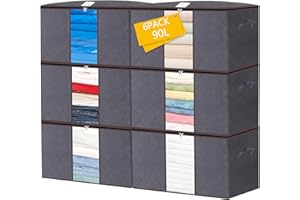 BARGAIN FACTORY Under Bed Storage Bags, Pack of 6, 90L Large Capacity Grey Fabric Boxes with Lid, Heavy Duty Zip, Clear Window, Reinforced Handles, Bedding, Duvet Storage, Modern Style, Stackable