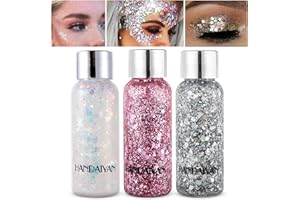 Prreal Żel do ciała, 3 butelki, syrenkę z cekinami w płynie, długotrwały efekt, brokat, cekiny chunky Powder Gel na festiwal, maskaradę, urodziny, kolor biały, srebrny, różowy